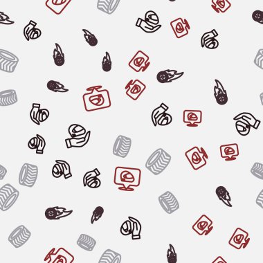 Hat çizgisi yarış kaskı alevli araba tekerleği ve pürüzsüz desen. Vektör.