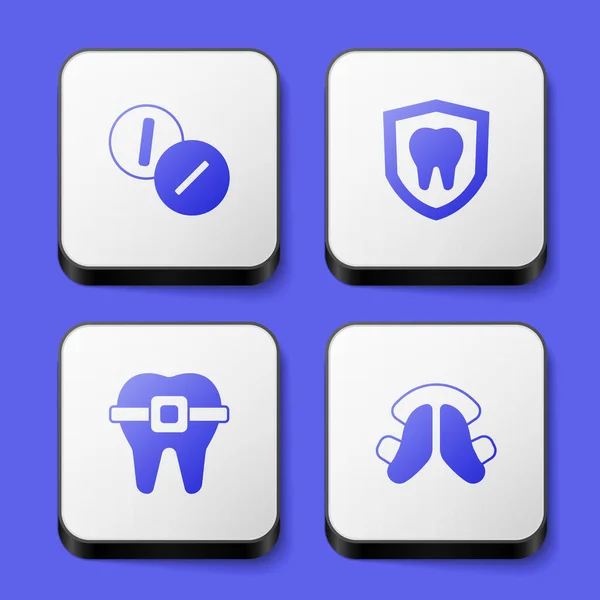 歯痛鎮痛剤タブレットをセット歯の保護ブレースと歯板のアイコンを歯 白い四角形のボタン ベクトル — ストックベクタ