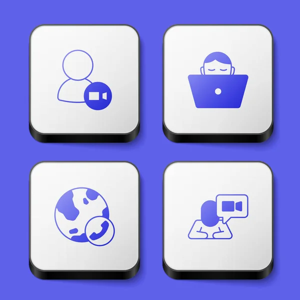 Set Video Chat Conference Freelancer Icon White Square Button Vector — Stockvektor