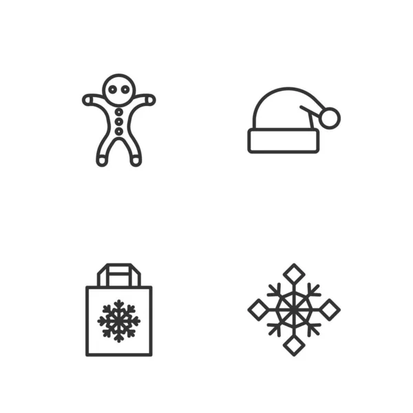 Set Line Snowflake Christmas Shopping Bag Holiday Gingerbread Man Cookie — Stock Vector
