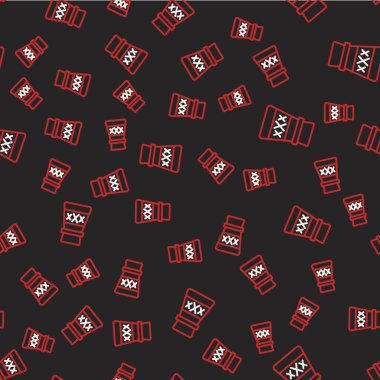 Siyah zemin üzerinde iksir ikonu olan çizgi şişesi izole edilmiş pürüzsüz desen. Sihirli iksirli matara. Mutlu Cadılar Bayramı Partisi. Vektör.