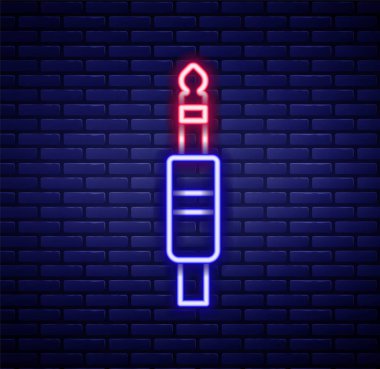 Parlayan neon hattı ses kriko simgesi tuğla duvar arka planında izole edildi. Bağlantı ses ekipmanları için ses kablosu. Fiş kablosu. Müzik aleti. Renkli taslak konsepti. Vektör.