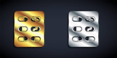 Altın ve gümüş haplar siyah arka planda izole edilmiş. İlaç paketi. Tablet, vitamin, antibiyotik, aspirin. Uzun gölge tarzı. Vektör.