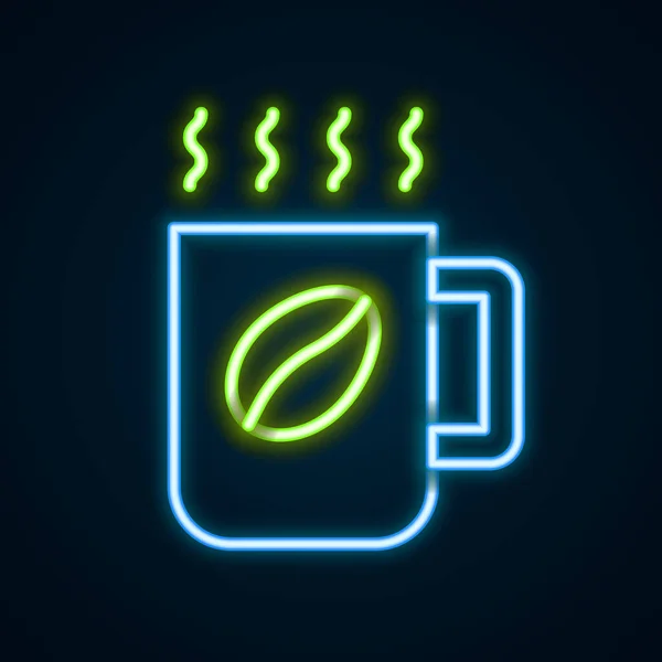 Gloeiende Neon Lijn Koffie Cup Pictogram Geïsoleerd Zwarte Achtergrond Theekopje — Stockvector