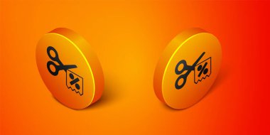 Isometric makas turuncu arka planda izole edilmiş indirim kuponu simgesini keser. Online bir süpermarkette düşük fiyattan ya da yarı fiyatına satış yapma fikri. Turuncu daire düğmesi. Vektör.