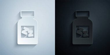 Kağıt kesiği uyku hapı ikonu gri ve siyah arka planda izole edilmiş. Kağıt sanatı tarzı. Vektör.