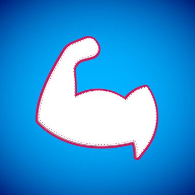 Beyaz vücut geliştirici mavi arka planda izole edilmiş kas simgesini gösteriyor. Formda kalmak, güçlü sağlık hobisi kavramı. Vektör.