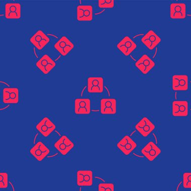 Kırmızı Buluşma simgesi mavi arkaplanda izole edilmiş kusursuz desen. İş ekibi toplantısı, tartışma konsepti, analiz, içerik stratejisi. Sunum konferansı. Vektör.