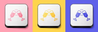 Isometric Glass of champagne icon isolated on pink, yellow and blue background. Merry Christmas and Happy New Year. Square button. Vector.