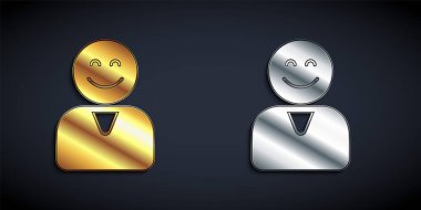 Altın ve gümüş renkli Mutlu müşteri simgesi siyah arka planda izole edildi. Uzun gölge tarzı. Vektör.