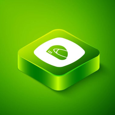 Yeşil arkaplanda Isometric yarış başlığı simgesi izole edildi. Olağanüstü bir spor. Spor malzemeleri. Yeşil kare düğmesi. Vektör.