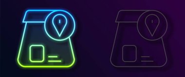 Parlayan neon hattı çevrimiçi sipariş veren ve fast food dağıtım ikonu siyah arkaplanda izole edilmiş. Vektör.