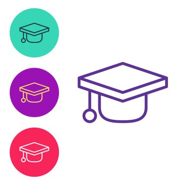 Mezuniyet simgesi beyaz arkaplanda izole edildi. Tassel ikonlu mezuniyet şapkası. Simgeleri renklendirin. Vektör.