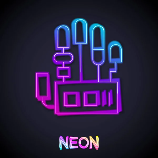 Gloeiende Neon Lijn Mechanische Robot Hand Pictogram Geïsoleerd Zwarte Achtergrond — Stockvector