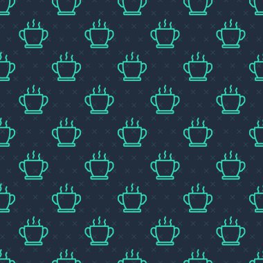 Sıcak çorba ikonunun yeşil çizgi kasesi mavi arka planda izole edilmiş pürüzsüz desen. Vektör.