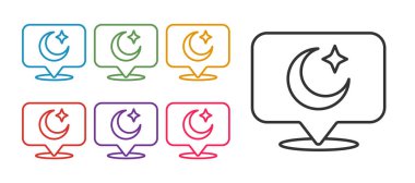 Ayın ve yıldızların çizgi simgesini beyaz arkaplanda ayır. Bulutlu gece işareti. Uyku rüyalarının sembolü. Dolunay. Gece ya da yatak zamanı tabelası. Simgeleri renklendirin. Vektör.