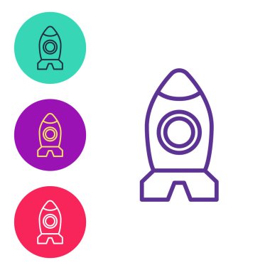 Roket gemisi oyuncak simgesi beyaz arkaplanda izole edildi. Uzay yolculuğu. Simgeleri renklendirin. Vektör.