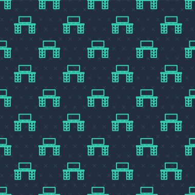 Green line Office desk icon isolated seamless pattern on blue background. Vector.