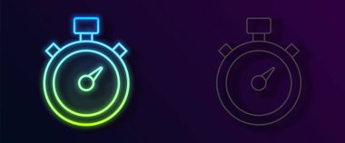 Parlayan neon hattı Stopwatch simgesi siyah arkaplanda izole edildi. Zaman göstergesi. Kronometre işareti. Vektör.