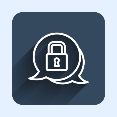 White line Lock icon isolated with long shadow background. Padlock sign. Security, safety, protection, privacy concept. Blue square button. Vector.