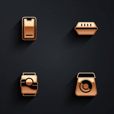 Mobil beslenme çantasından yemek siparişini hazırla. Soda kutusu ve internetten uzun gölgeli yemek ikonu. Vektör.