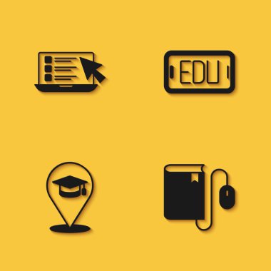 Çevrimiçi Test Anketi Elektronik Kitabı fare eğitimi ve uzun gölgeli ikon ile ayarla. Vektör.