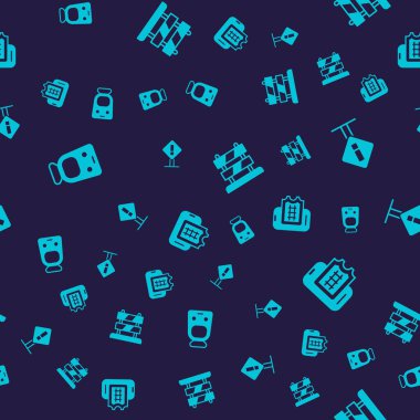 Tren ve demiryolu ünlem işareti kare rayların sonu ve çevrimiçi bilet rezervasyonunu pürüzsüz desen üzerine ayarla. Vektör.