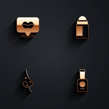 Gülümseyen dudaklar deodorant rulosu ve uzun gölgeli bir şişe tırnak cilası ikonu. Vektör.