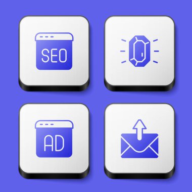 SEO optimizasyon Elmas Reklamcılığını, Posta ve e-posta simgesini ayarlayın. Beyaz kare düğme. Vektör.