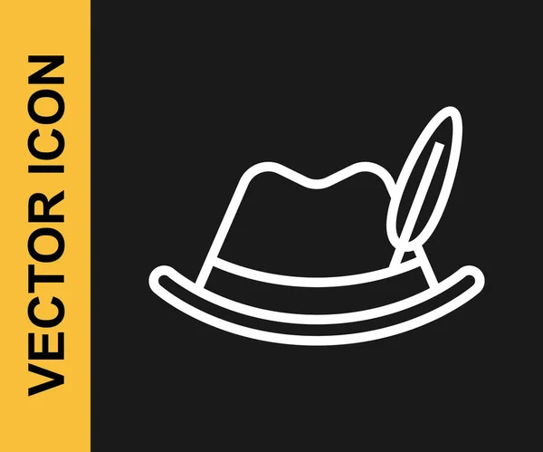 White Line Oktoberfest Hat Icon Isolated Black Background Hunter Hat — Stock Vector
