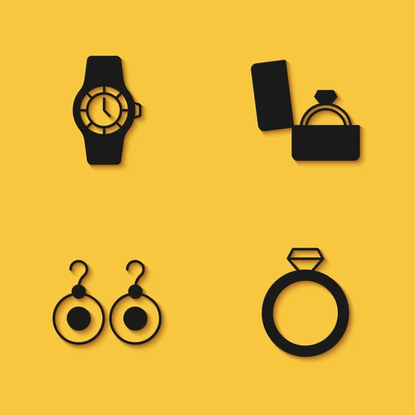Set Armbanduhr Diamant Verlobungsring Ohrringe Und Box Symbol Mit Langem — Stockvektor