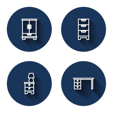 Sırayı Gardırop Sandık Çekmecesi mobilya sehpası, lamba ve uzun gölgeli ofis masası ayarla. Mavi daire düğmesi. Vektör.