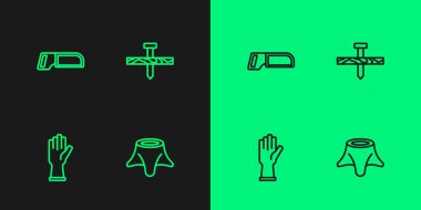 Ağaç gövdesi koruyucu eldivenler Demir Testere ve Metalik tırnak ikonu. Vektör.