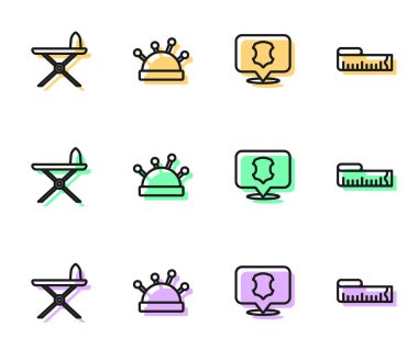 Deri elektrikli ütü ve ütü masası iğneleri ve bant ölçüm simgesini ayarlayın. Vektör.