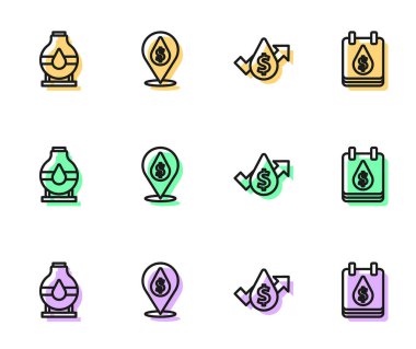 Petrol fiyatlarını yükseltmek için bir dolar sembolü ve simgesi olan depo düşüşünü ayarlayın. Vektör.