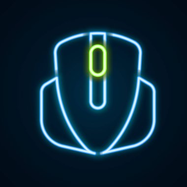 Parlayan neon hattı Bilgisayar faresi oyun simgesi siyah arkaplanda izole edildi. Tekerlek sembollü optik. Renkli taslak konsepti. Vektör.