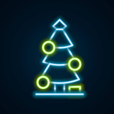 Siyah arka planda izole edilmiş dekorasyon simgesi olan parlak neon çizgili Noel ağacı. Mutlu Noeller ve mutlu yıllar. Renkli taslak konsepti. Vektör.
