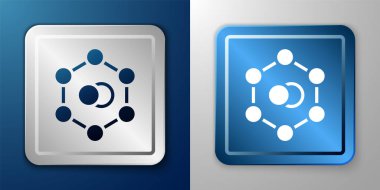 Beyaz Molekül simgesi mavi ve gri arkaplanda izole edildi. Kimya moleküllerinin yapısı, fen öğretmenlerinin yenilikçi eğitim posteri. Gümüş ve mavi kare düğme. Vektör.