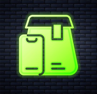 Parlayan neon çevrimiçi sipariş ve fast food dağıtım ikonu tuğla duvar arkasında izole edildi. Vektör.