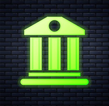 Parlayan neon bankası ikonu tuğla duvar arkasında izole edildi. Vektör.