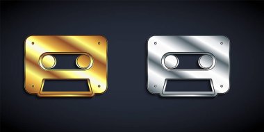 Siyah arkaplanda altın ve gümüş renkli Retro ses kaset ikonu izole edildi. Uzun gölge tarzı. Vektör.