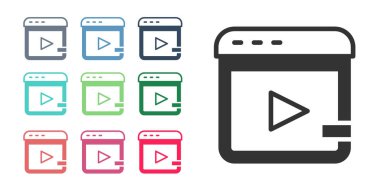 Siyah Video reklam simgesi beyaz arkaplanda izole edildi. Pazarlama ve tanıtım süreci kavramı. İlgili reklamlar. Sosyal medya reklamcılığı. Simgeleri renklendirin. Vektör.