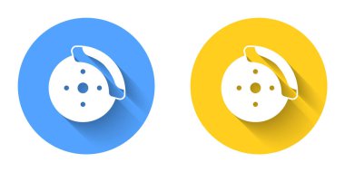 Caliper simgesi uzun gölgeli beyaz araba fren diski. Çember düğmesi. Vektör.