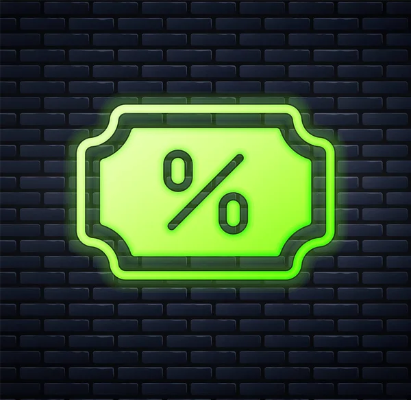Glowing Neon Discount Percent Tag Icon Isolated Brick Wall Background — Stock Vector