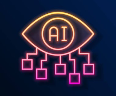 Parlayan neon hattı Bilgisayar görme simgesi siyah arkaplanda izole edildi. Teknik görüş, göz devresi, video izleme sistemi, artırılmış gerçeklik sistemleri. Vektör.