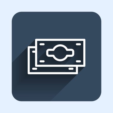 Beyaz çizgi kağıt para yığını uzun gölgeli izole nakit ikonu. Para desteleri. Para birimi. Mavi kare düğme. Vektör.