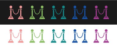 İp bariyeri simgesini siyah beyaz arkaplanda izole et. VIP etkinliği, lüks kutlama. Ünlüler partisi girişi. Vektör.