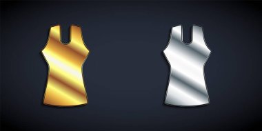 Siyah arka planda izole edilmiş altın ve gümüş renkli kadın elbise ikonu. Kıyafet tabelası. Uzun gölge tarzı. Vektör.