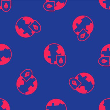 Kırmızı Dünya, kalkan ikonuyla mavi arka planda izole edilmiş, pürüzsüz desen. Sigorta konsepti. Güvenlik, güvenlik, koruma, gizlilik kavramı. Vektör.