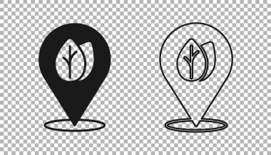 Şeffaf arkaplanda yaprak olan siyah lokasyon iğnesi. İşaret bırakıyor. Taze doğal ürün sembolü. Vektör.